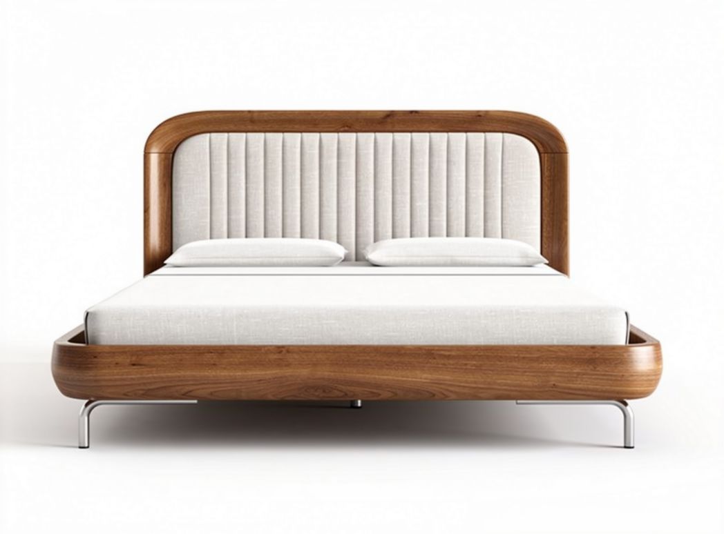 Lit double avec tête de lit rembourrée pour chambre - bois et textile - 200 x 160 x 100cm